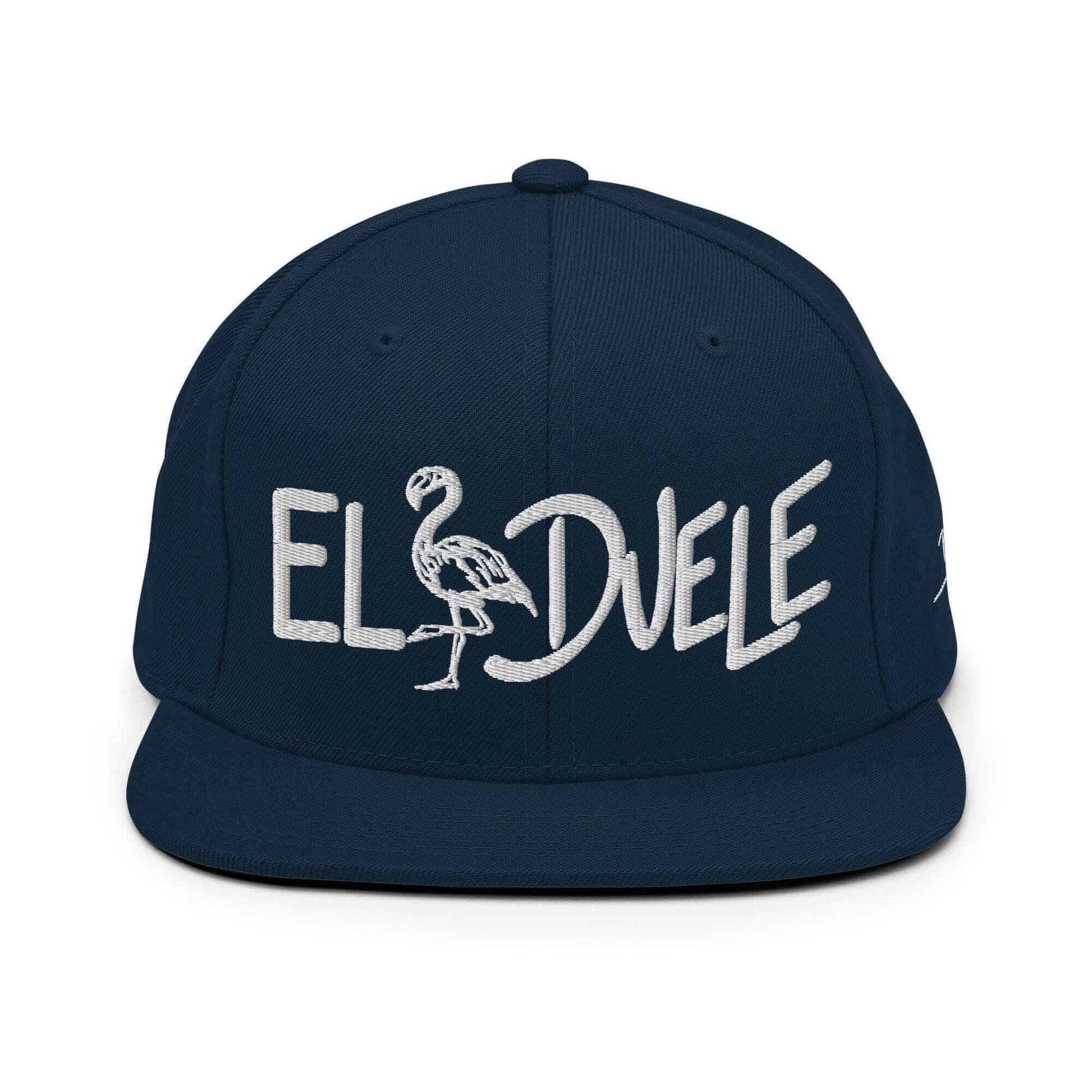 PapiJohn® The Flamenco 3D Signature Snapback in dark navy front view highlighting the massive hand-rendered typography embroidered in heavy high-density dimensional thread | Sala 1 Wearable Art Fashion