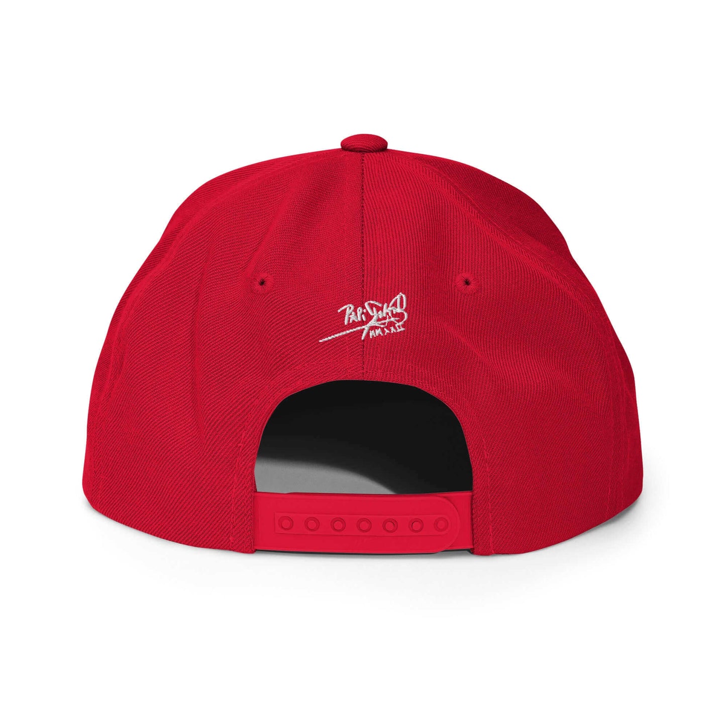 PapiJohn® The Flamenco 3D Signature Snapback in deep crimson red back perspective rendering the clean panel architecture and classical adjustable retro strap closure | Artist-Led Streetwear