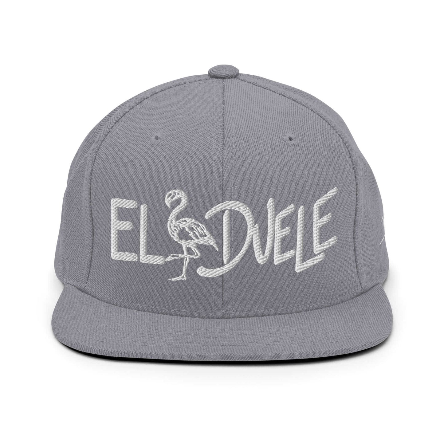 PapiJohn® The Flamenco 3D Signature Snapback in metallic silver canvas front view tracking the high-fidelity reflection of the 3D embroidered signature layout | Sala 1 Wearable Art Fashion