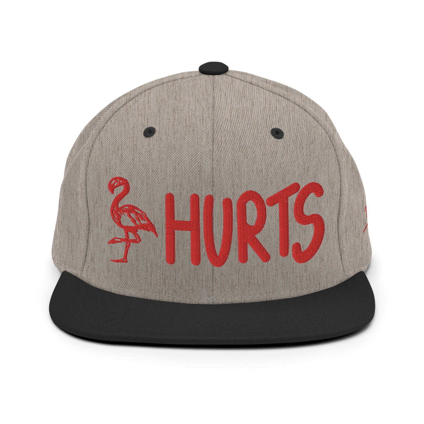 PapiJohn® The Flamenco Hurts 3D Archive Snapback in black heather and black panel front view showcasing the striking red metallic thread 3D script contrast | Sala 1 Wearable Art Fashion