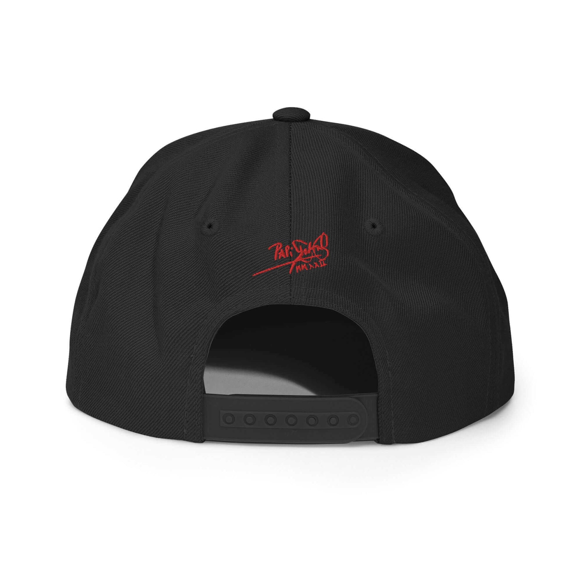 PapiJohn® The Flamenco Hurts 3D Archive Snapback in solid black back layout tracing the premium high-profile panel lines and durable snapback closure component | Artist-Led Streetwear