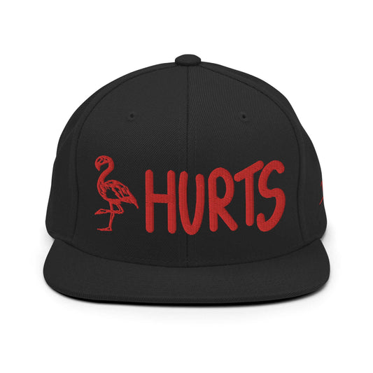 PapiJohn® The Flamenco Hurts 3D Archive Snapback in solid black front view displaying the volumetric red thread flamenco illustration and text embroidered in heavy relief | Sala 1 Wearable Art Fashion