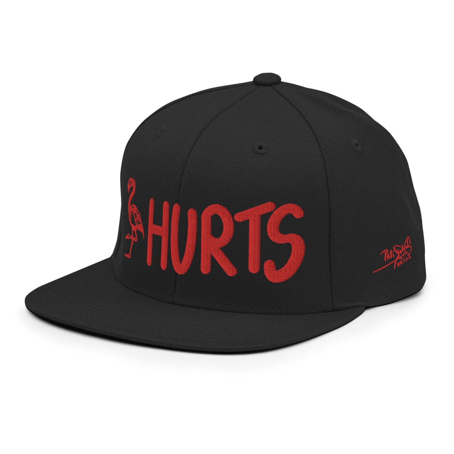 PapiJohn® The Flamenco Hurts 3D Archive Snapback in solid black ergonomic left profile focusing on the high-profile crown rigidity and crisp flat visor contour | Streetwear d'Auteur