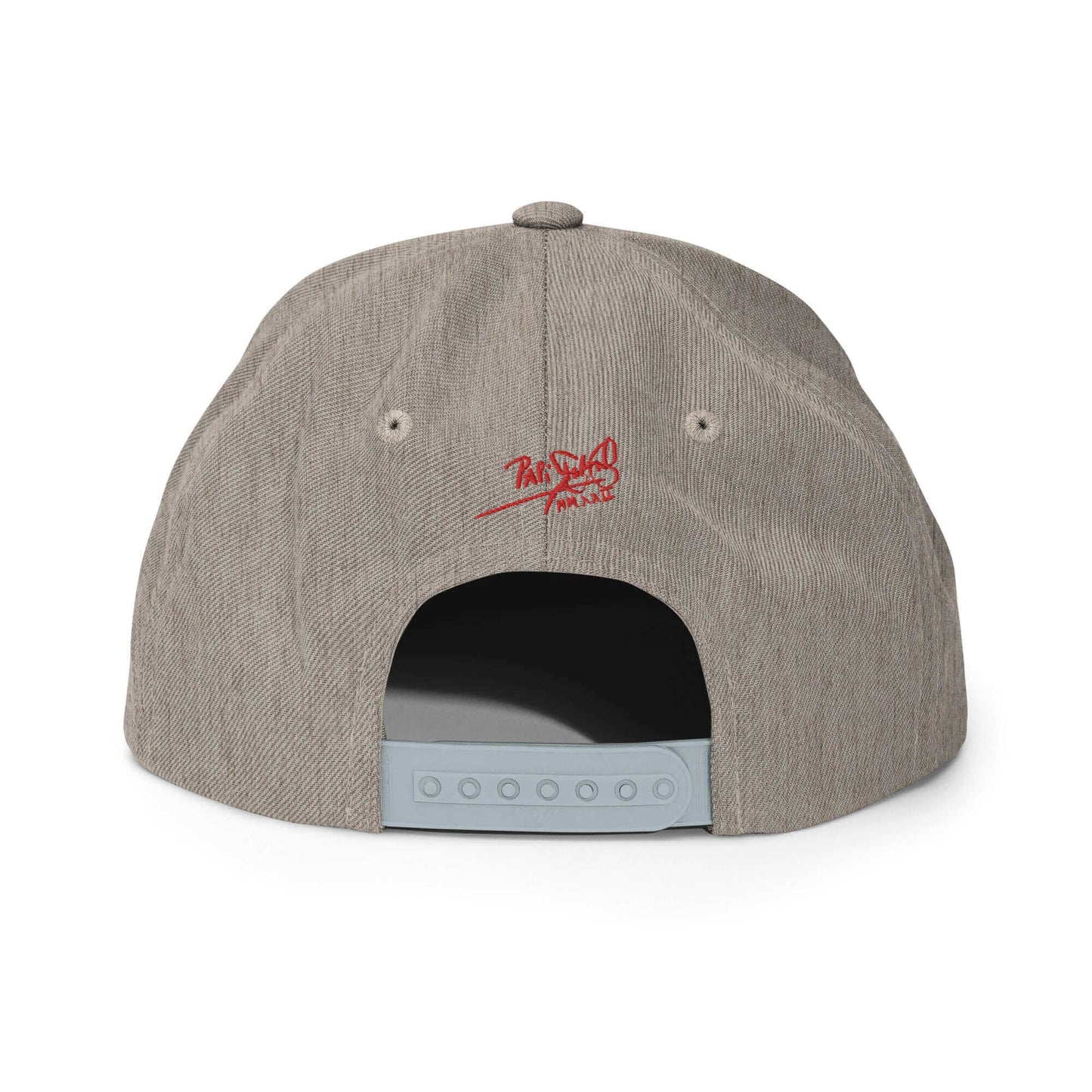PapiJohn® The Flamenco Hurts 3D Archive Snapback in heather grey back layout mapping the immaculate seam intersections and multi-position strap structure | Artist-Led Streetwear
