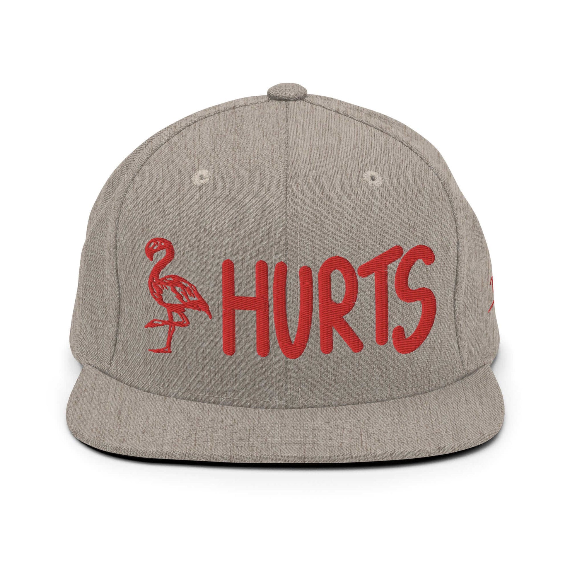 PapiJohn® The Flamenco Hurts 3D Archive Snapback in heather grey and contrast front view focusing on the intense tridimensional red stitch typography art | Sala 1 Wearable Art Fashion