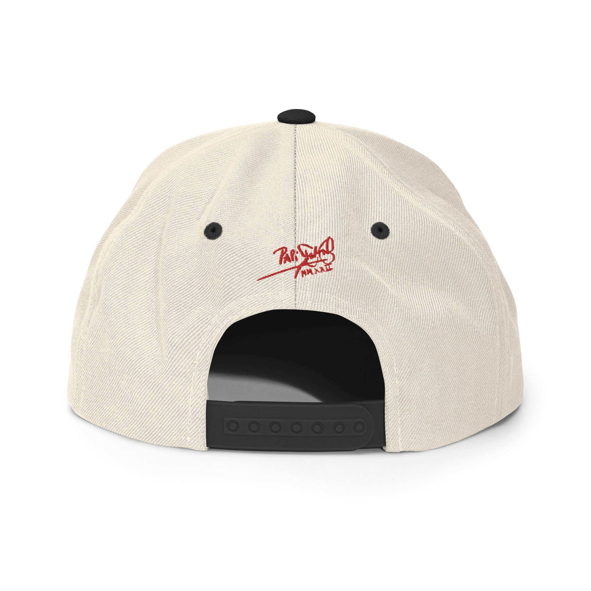 PapiJohn® The Flamenco Hurts 3D Archive Snapback in natural raw tone back perspective tracking the perfect panel alignment and custom snap hardware | Artist-Led Streetwear