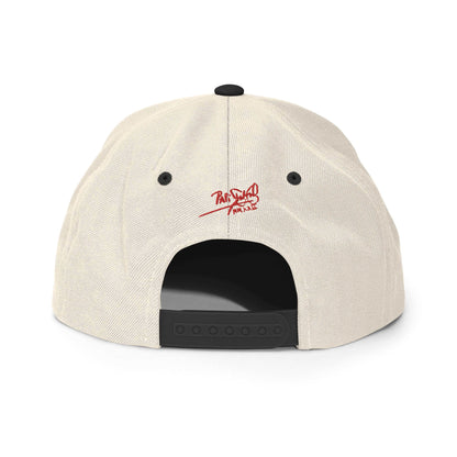 PapiJohn® The Flamenco Hurts 3D Archive Snapback in natural raw tone back perspective tracking the perfect panel alignment and custom snap hardware | Artist-Led Streetwear