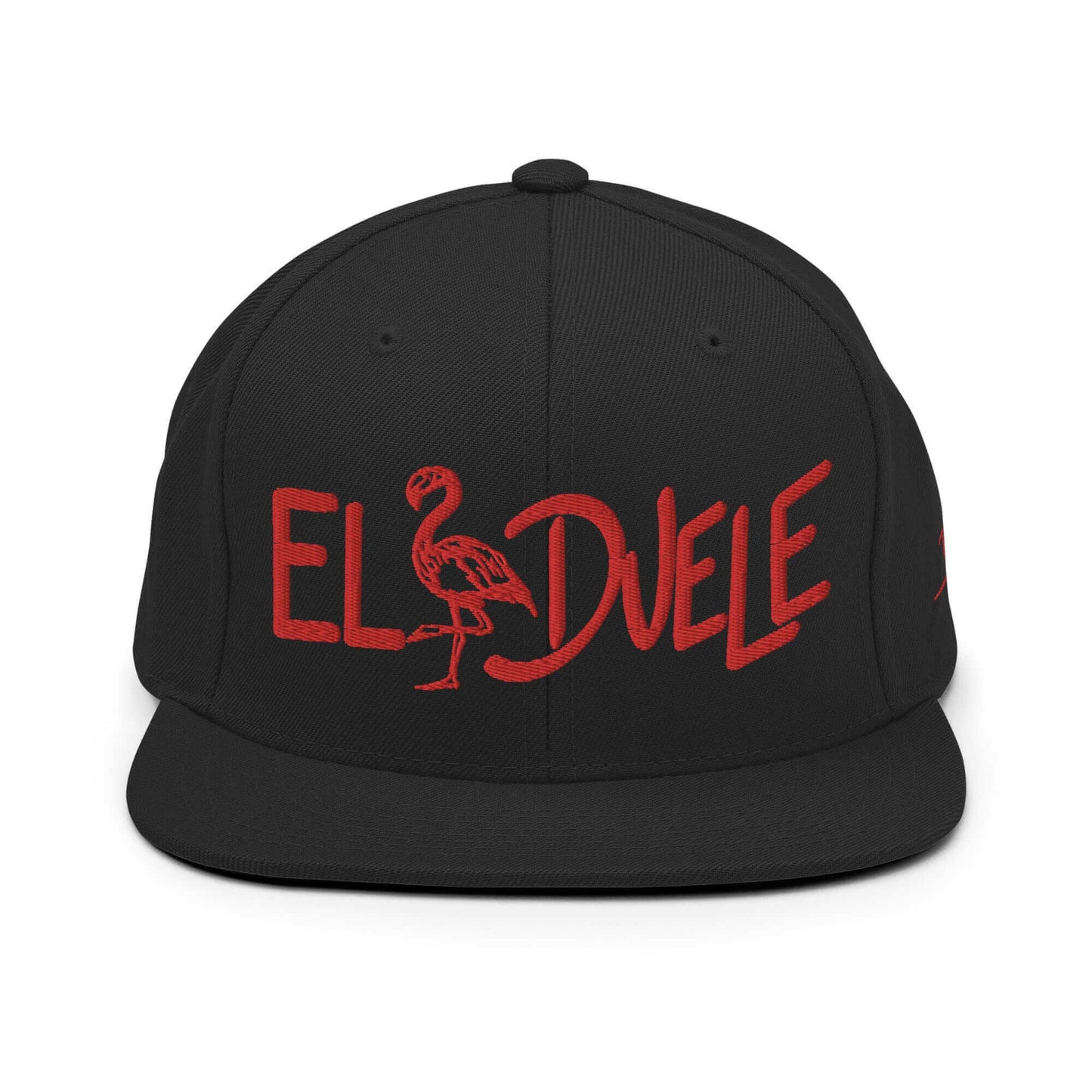 PapiJohn® The Flamenco Red 3D Spanish Soul Snapback in solid black front view displaying the striking crimson red typography embroidered in heavy volumetric high-density relief | Sala 1 Wearable Art Fashion
