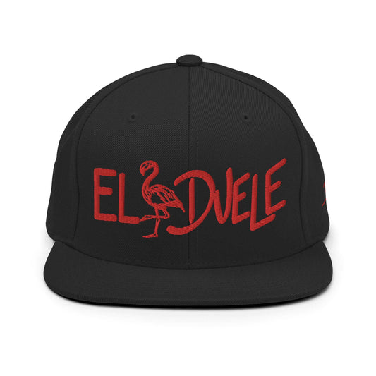 PapiJohn® The Flamenco Red 3D Spanish Soul Snapback in solid black front view displaying the striking crimson red typography embroidered in heavy volumetric high-density relief | Sala 1 Wearable Art Fashion