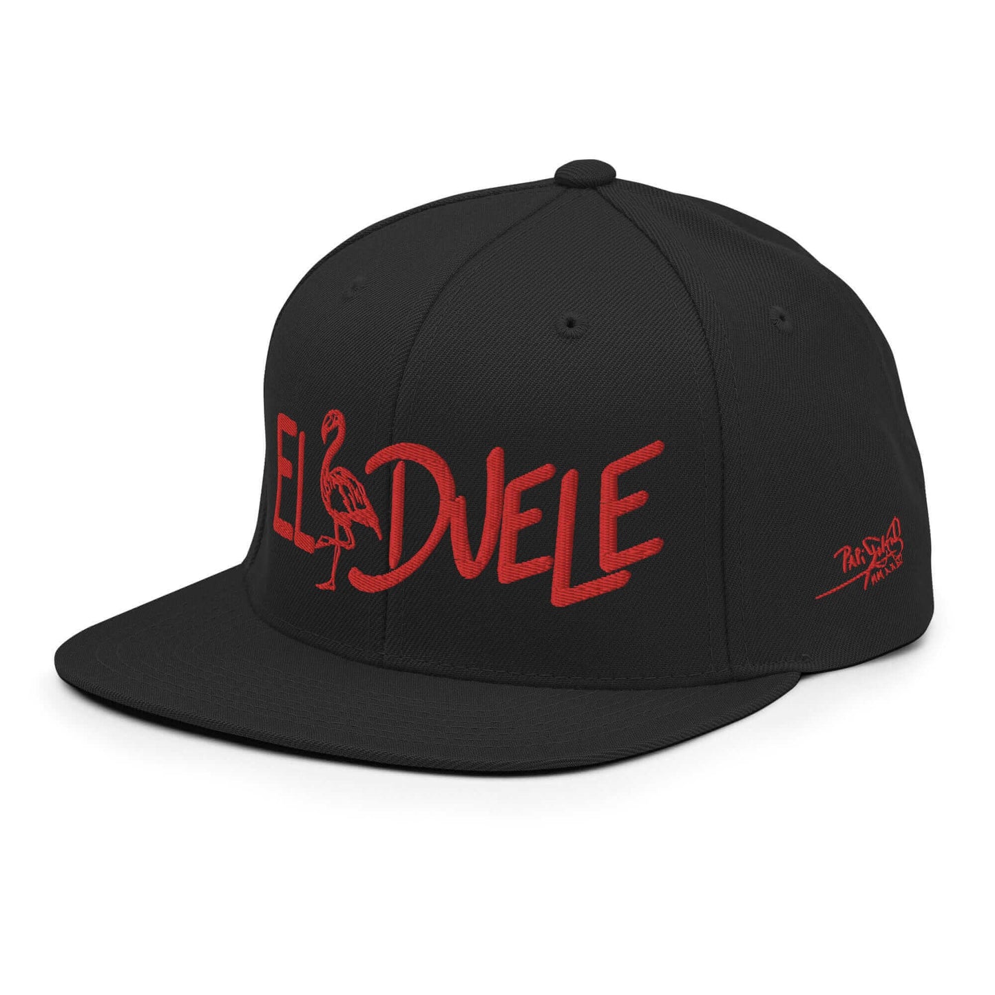 PapiJohn® The Flamenco Red 3D Spanish Soul Snapback in solid black left profile view showcasing the rigid high crown elevation structure and precise flat bill contour line | Streetwear d'Auteur