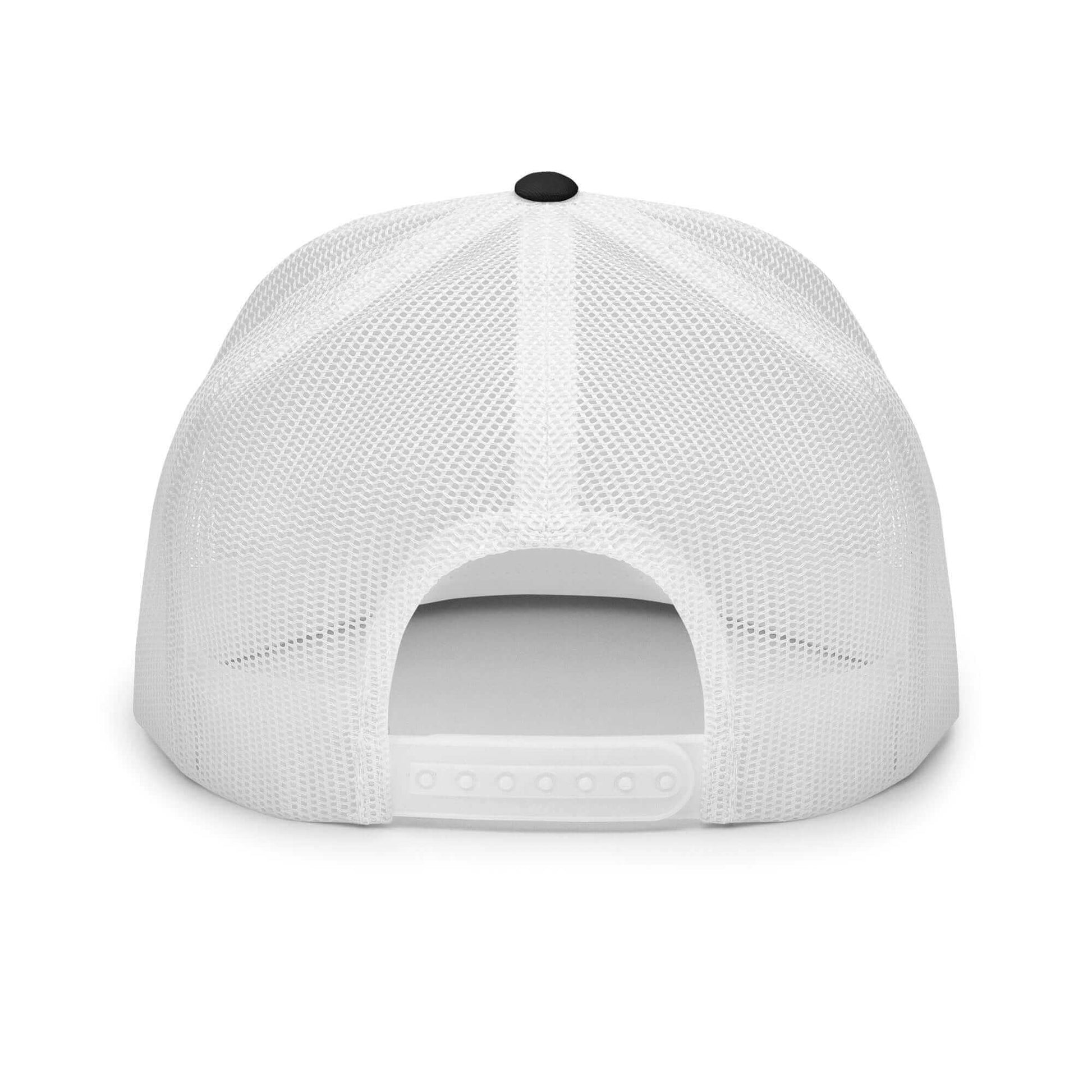 PapiJohn® The Flat Trucker Old School White Signature cap in black and white bicolor back perspective tracking the breathable mesh panels structure and adjustable premium snapback strap closure | Artist-Led Streetwear