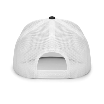 PapiJohn® The Flat Trucker Old School White Signature cap in black and white bicolor back perspective tracking the breathable mesh panels structure and adjustable premium snapback strap closure | Artist-Led Streetwear