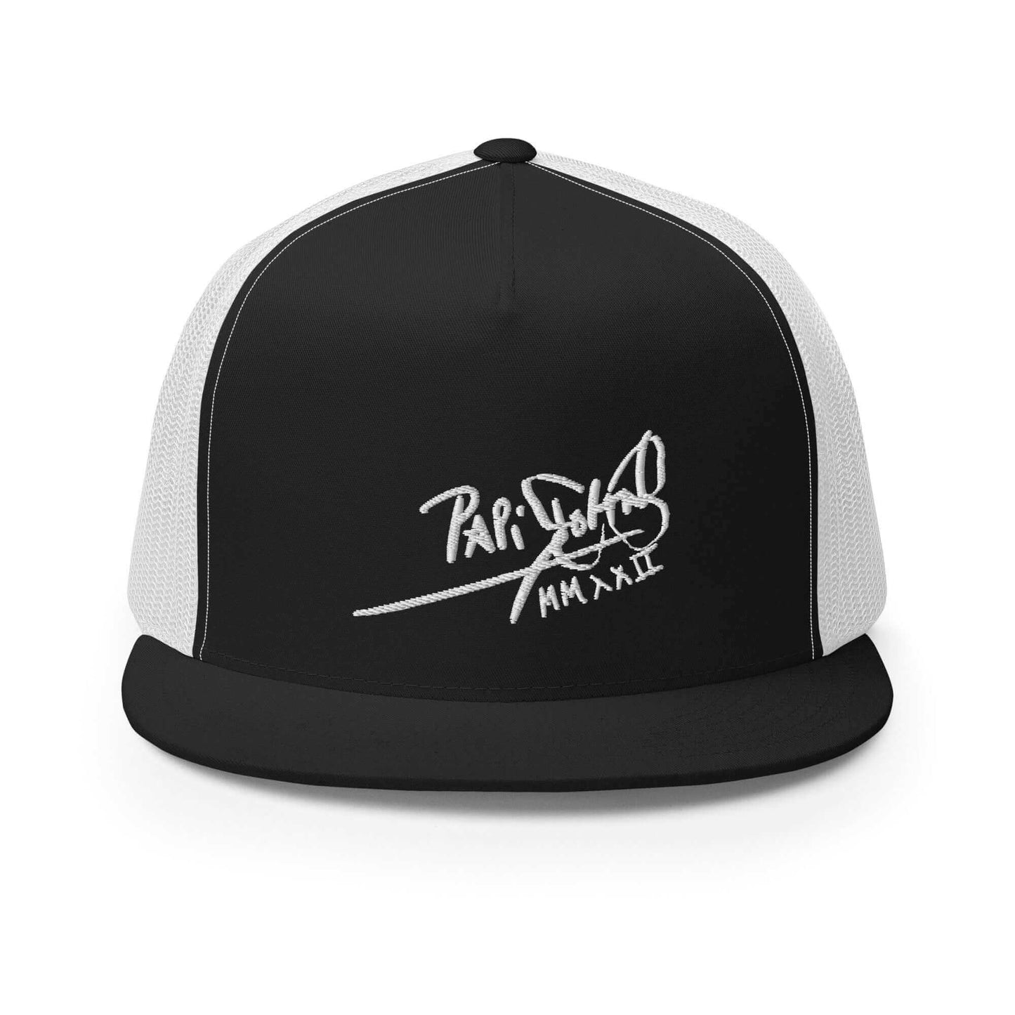 PapiJohn® The Flat Trucker Old School White Signature cap in black and white bicolor front view showcasing the custom white calligraphic signature embroidered in volumetric precision stitch | Sala 1 Wearable Art Fashion