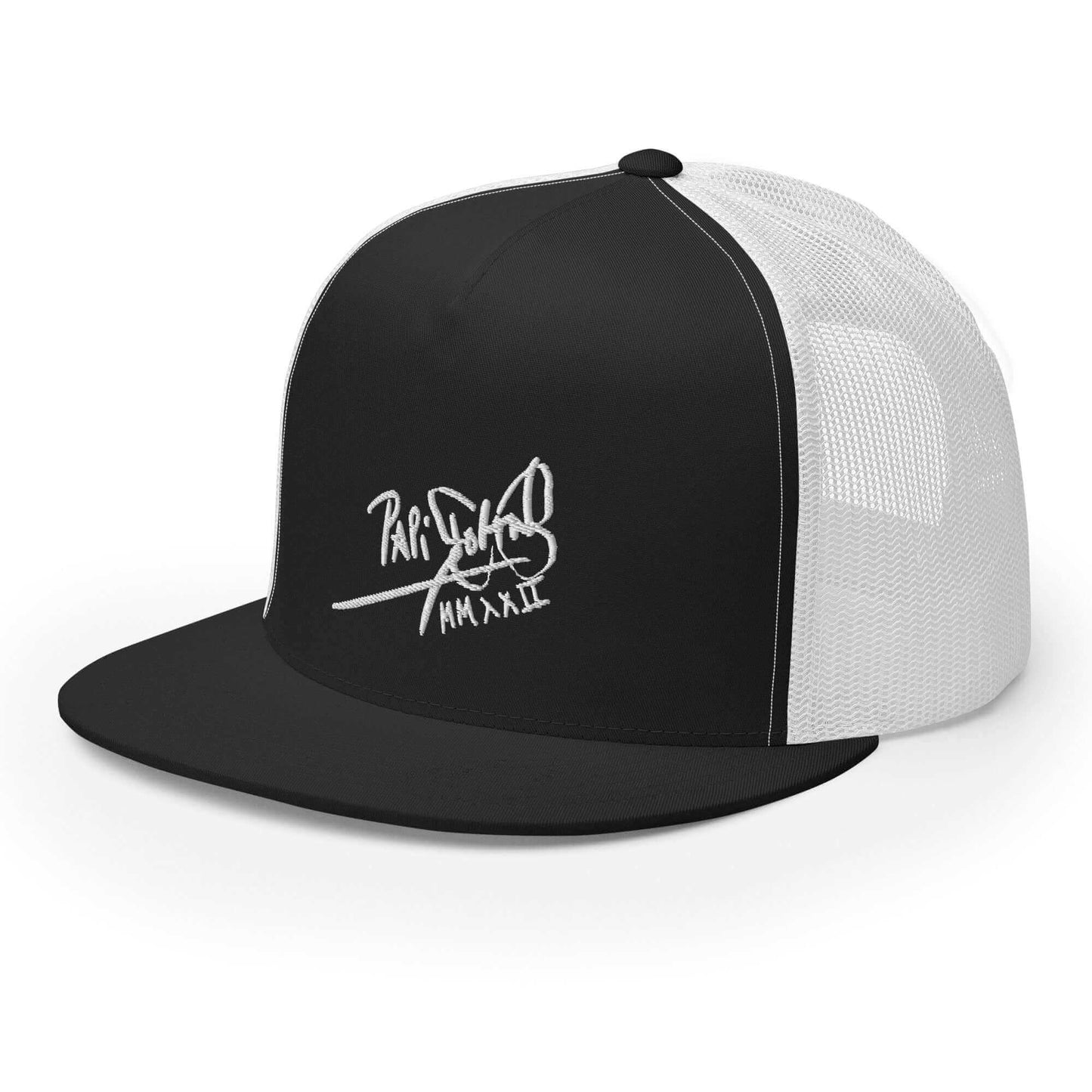 PapiJohn® The Flat Trucker Old School White Signature cap in black and white bicolor left half-profile view capturing the beautiful three-quarter perspective of the high-profile crown, the volumetric white embroidery, and the breathable mesh panel flow | Sala 1 Wearable Art Fashion