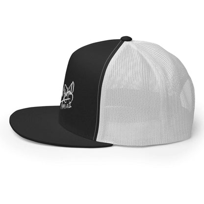 PapiJohn® The Flat Trucker Old School White Signature cap in black and white bicolor left side profile displaying the high-profile 5-panel crown stiffness, flat visor angle, and mesh connection seams by $arah Free 💎 | High-Tier Archive