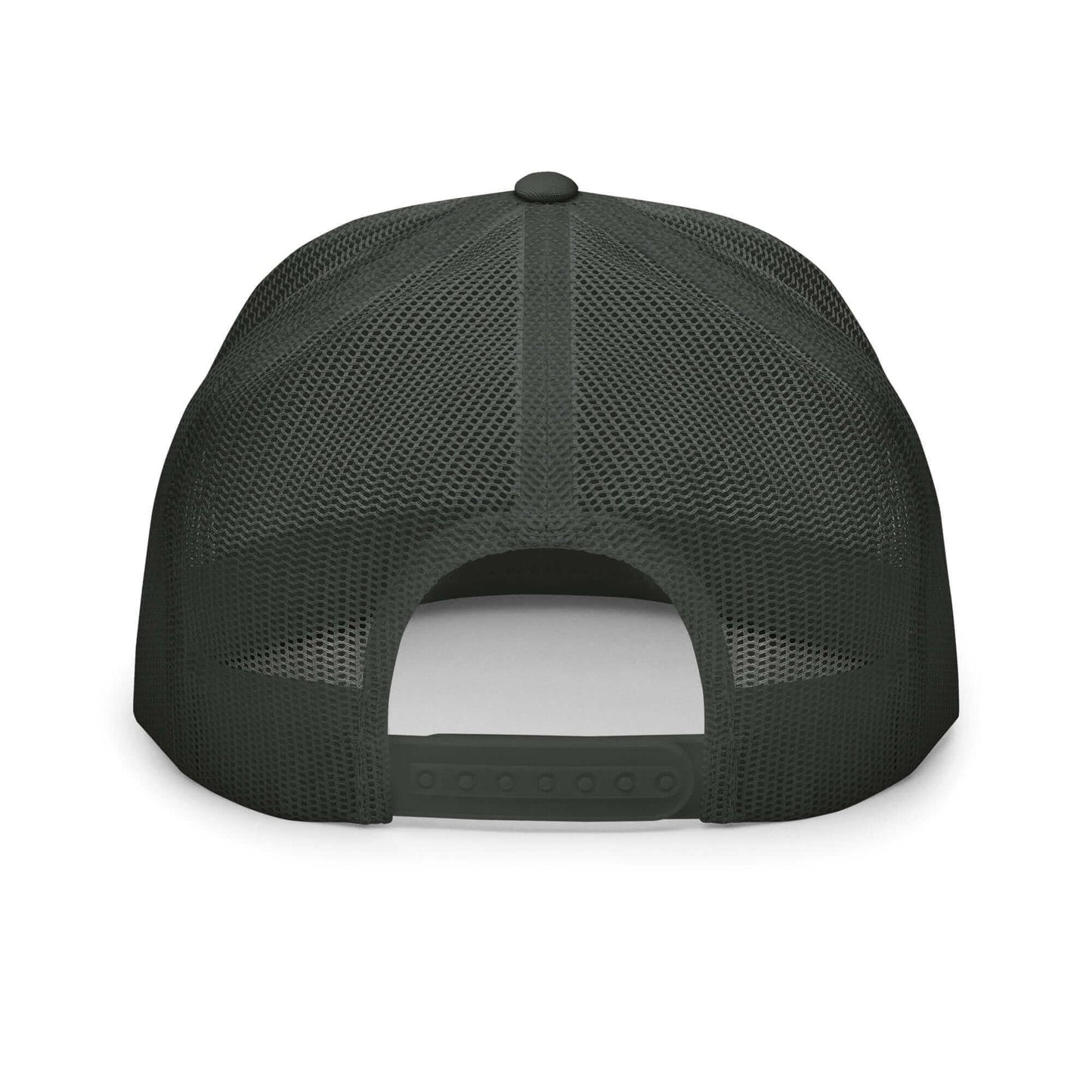 PapiJohn® The Flat Trucker Old School White Signature cap in industrial charcoal dark grey back layout tracing the tonal mesh ventilation grid lines and adjustment mechanism by $arah Free 💎 | High-Tier Archive