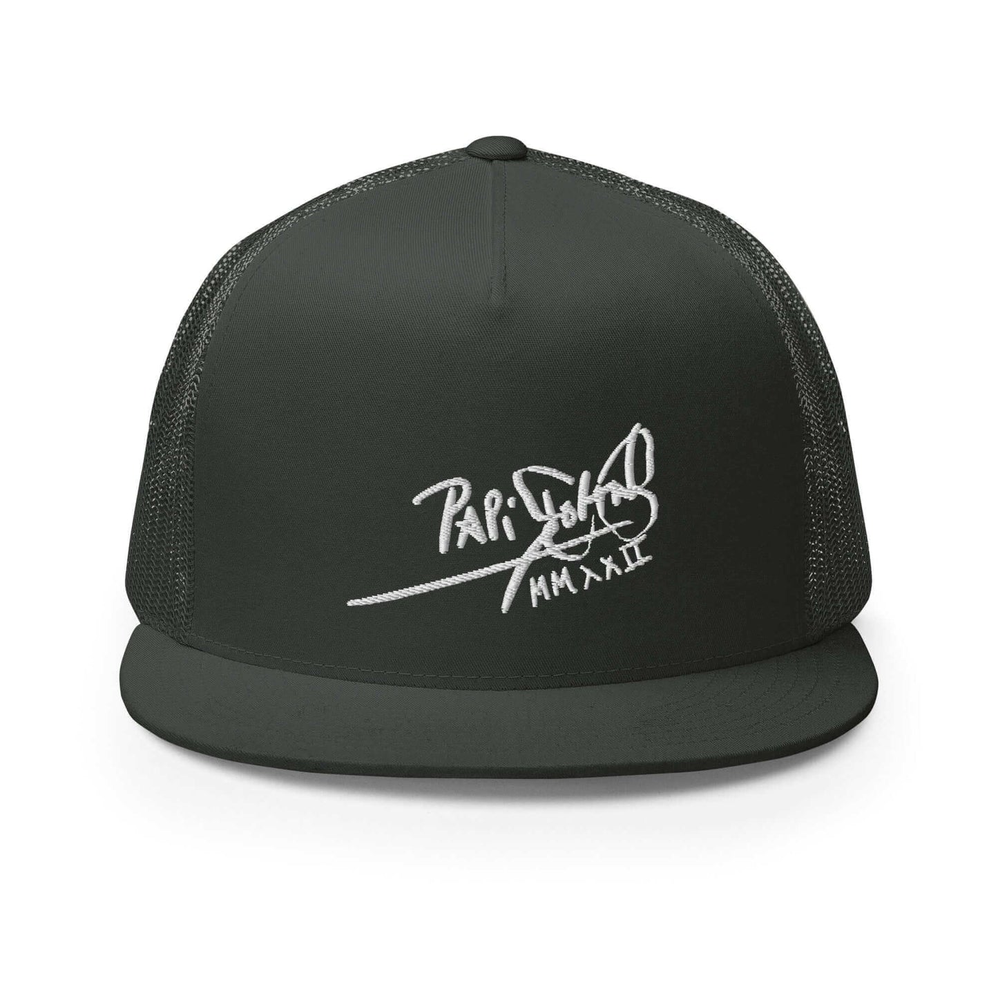 PapiJohn® The Flat Trucker Old School White Signature cap in industrial charcoal dark grey front view highlighting the crisp definition of the white embroidered text over the premium canvas panel | Sala 1 Wearable Art Fashion