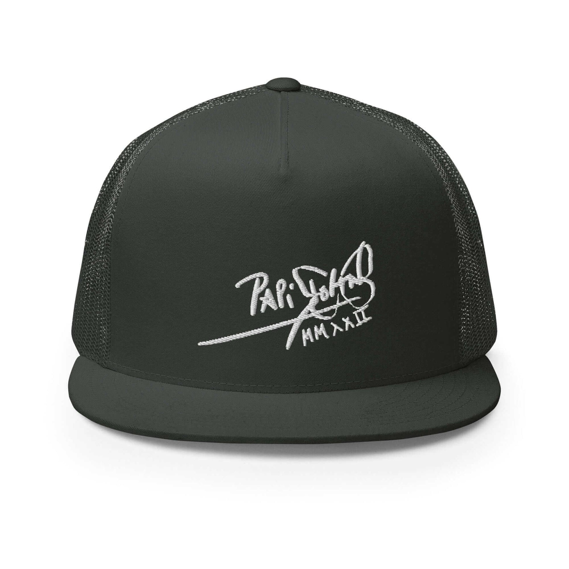 PapiJohn® The Flat Trucker Old School White Signature cap in industrial charcoal dark grey front view highlighting the crisp definition of the white embroidered text over the premium canvas panel | Sala 1 Wearable Art Fashion