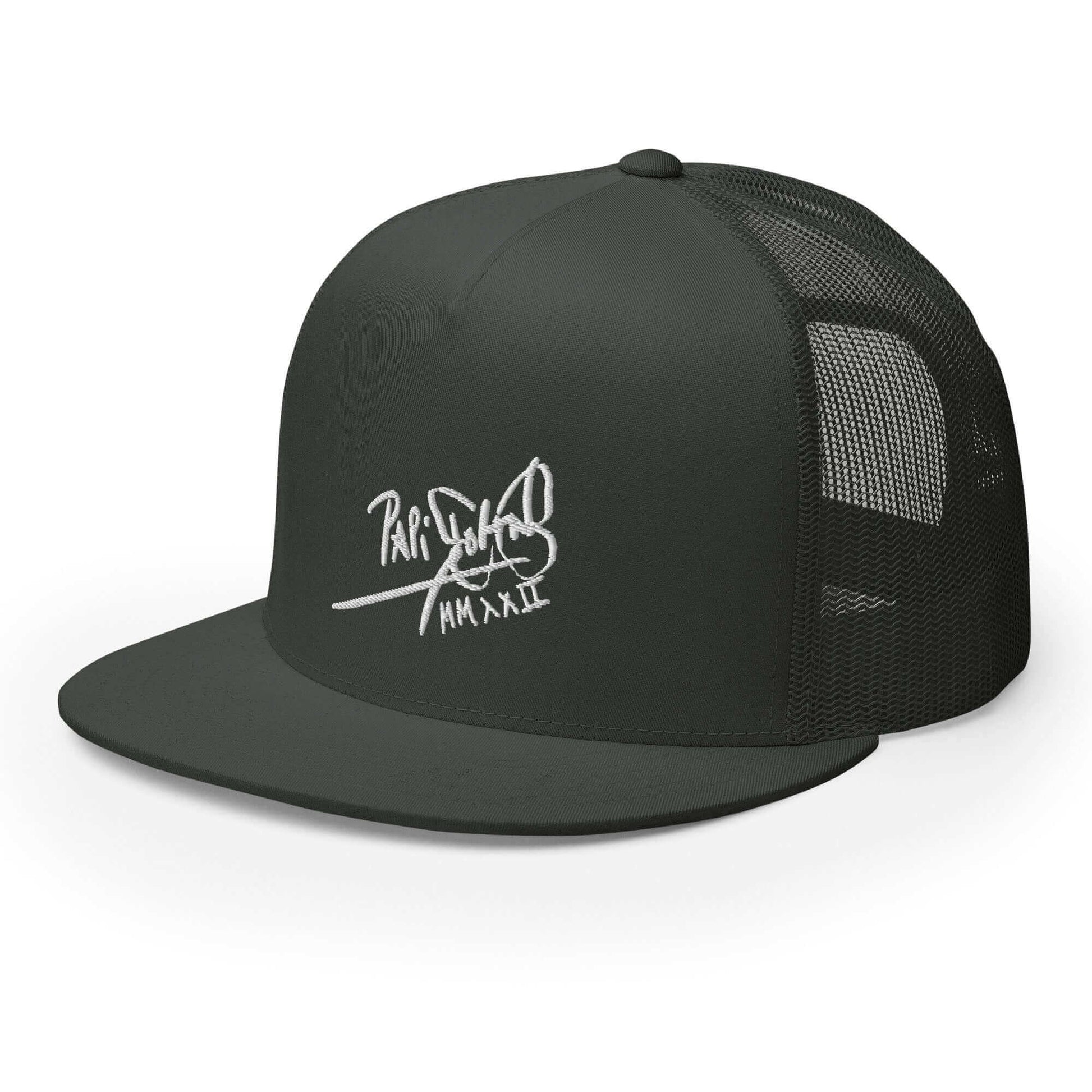PapiJohn® The Flat Trucker Old School White Signature cap in industrial charcoal dark grey left half-profile view framing the clean lines of the flat visor brim and the premium structural volume designed by $arah Free 💎 | High-Tier Archive