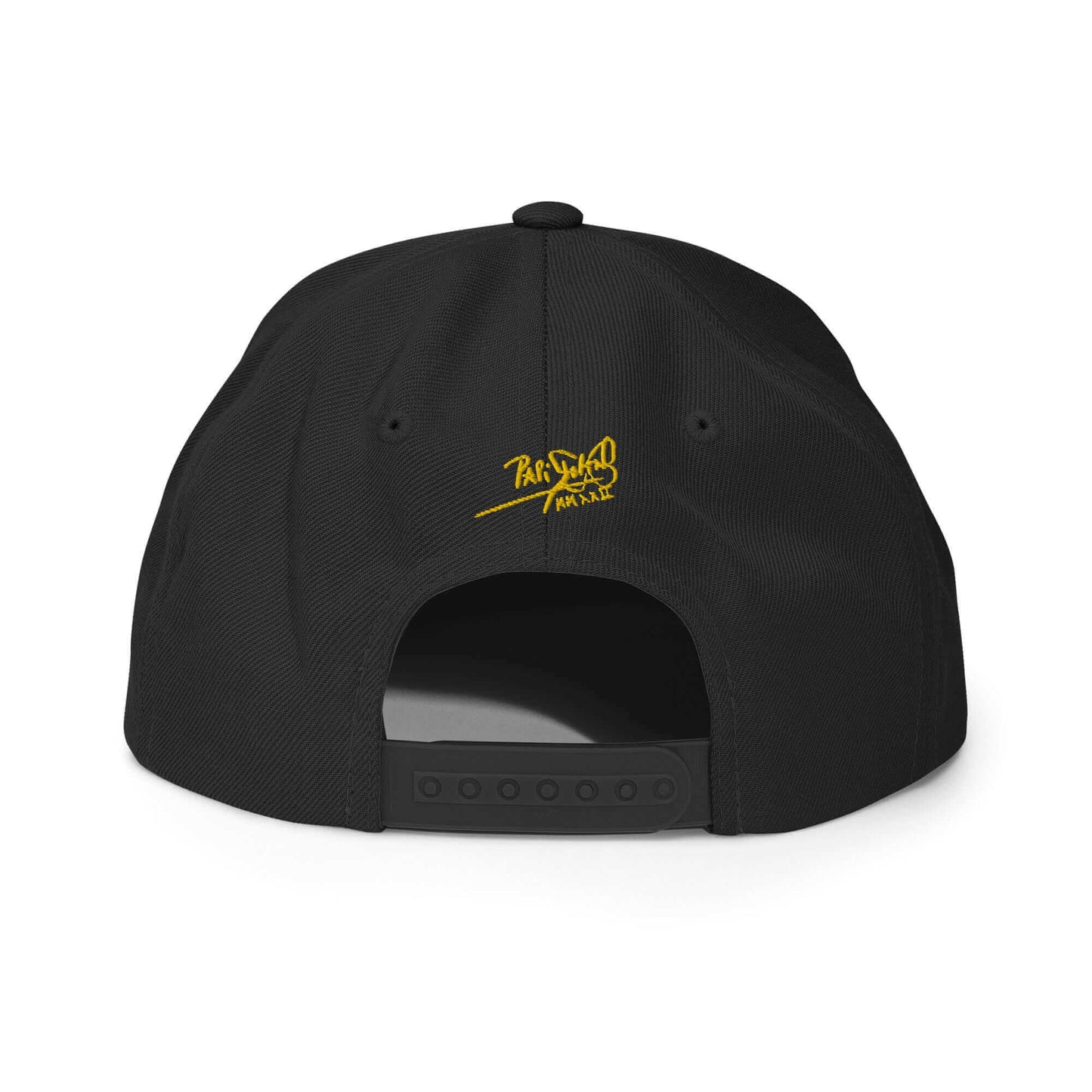 PapiJohn® The Gold Signature Classic Snapback in solid black back perspective focusing on the high-profile reinforcement stitches and plastic adjustment strap | Artist-Led Streetwear