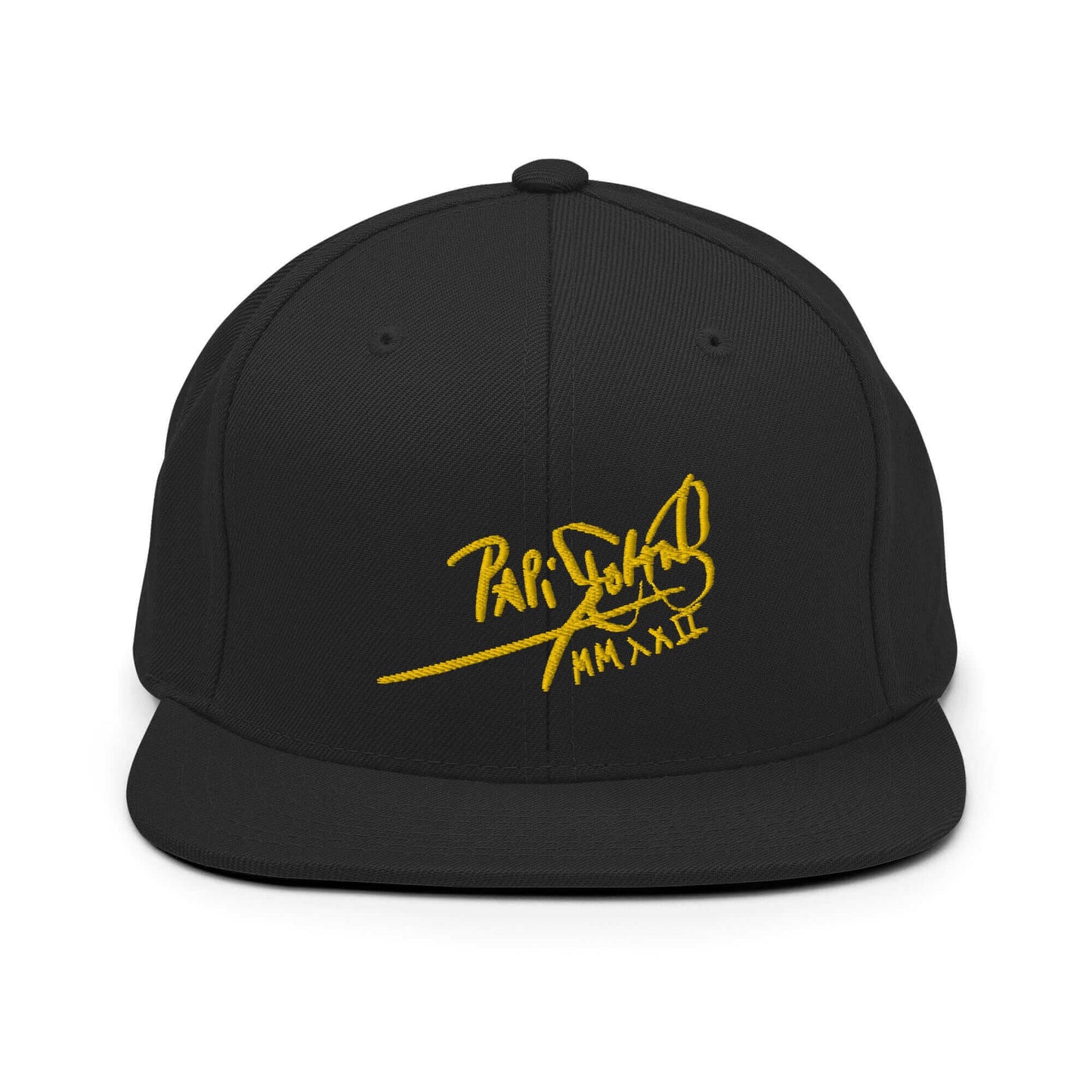 PapiJohn® The Gold Signature Classic Snapback in solid black front layout displaying the sovereign contrast of the volumetric gold thread signature | Sala 1 Wearable Art Fashion