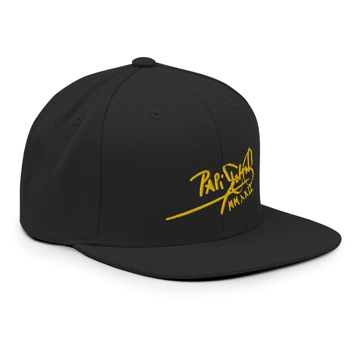 PapiJohn® The Gold Signature Classic Snapback in solid black right profile showing the high crown stiffness and original flat visor perimeter outline | Streetwear d'Auteur