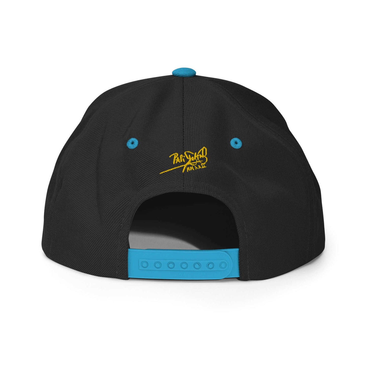 PapiJohn® The Gold Signature Classic Snapback in black and teal back perspective tracing the tidy panel connections and retro adjustment snap buckle | Artist-Led Streetwear