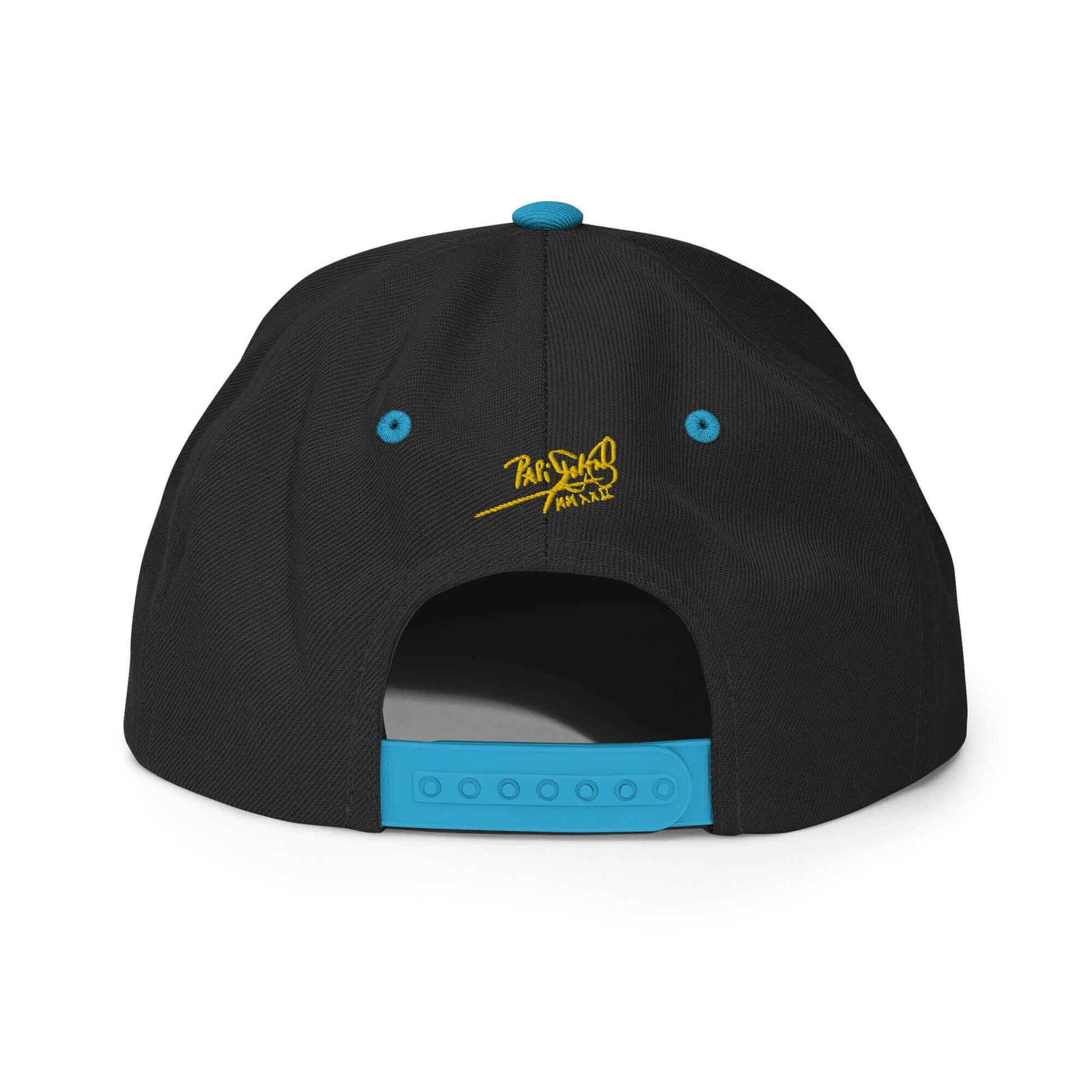 PapiJohn® The Gold Signature Classic Snapback in black and teal back perspective tracing the tidy panel connections and retro adjustment snap buckle | Artist-Led Streetwear