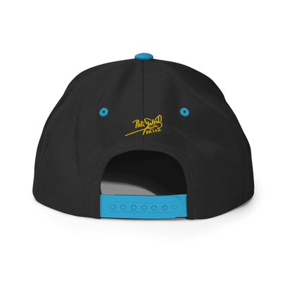 PapiJohn® The Gold Signature Classic Snapback in black and teal back perspective tracing the tidy panel connections and retro adjustment snap buckle | Artist-Led Streetwear
