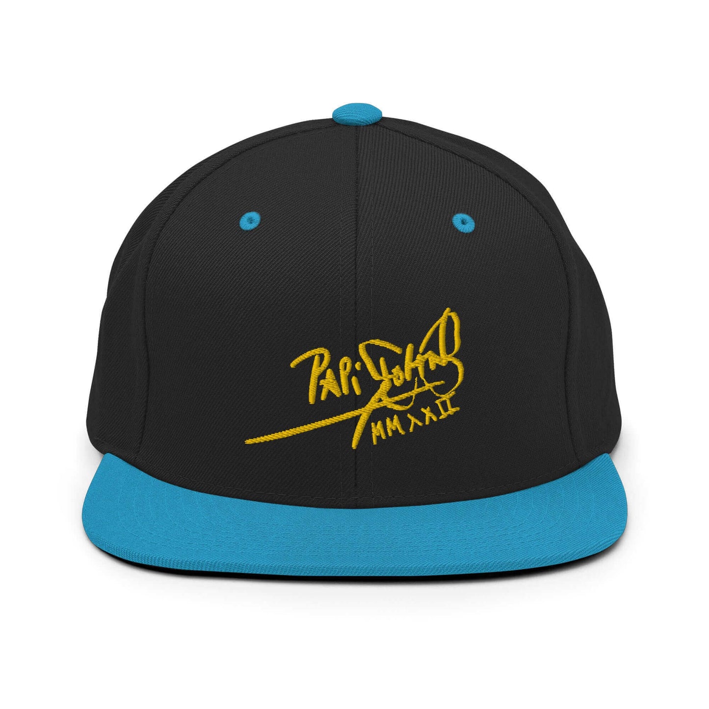 PapiJohn® The Gold Signature Classic Snapback in black and teal color block front layout presenting the brilliant gold embroidery with sharp definition | Sala 1 Wearable Art Fashion
