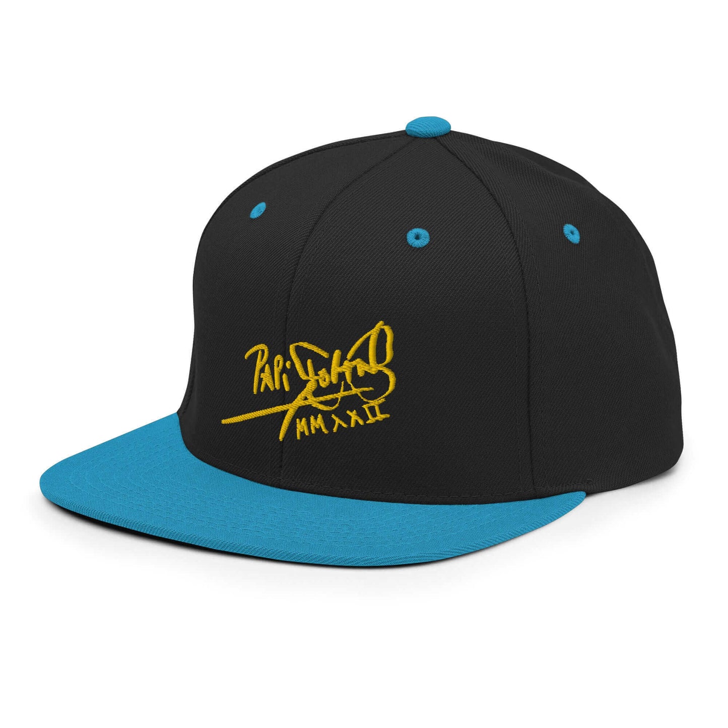 PapiJohn® The Gold Signature Classic Snapback in black and teal left side close-up capturing premium fabric panel tension lines by $arah Free 💎 | High-Tier Archive