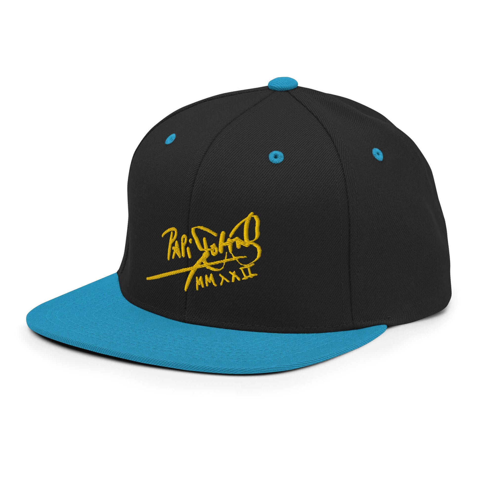PapiJohn® The Gold Signature Classic Snapback in black and teal left side close-up capturing premium fabric panel tension lines by $arah Free 💎 | High-Tier Archive