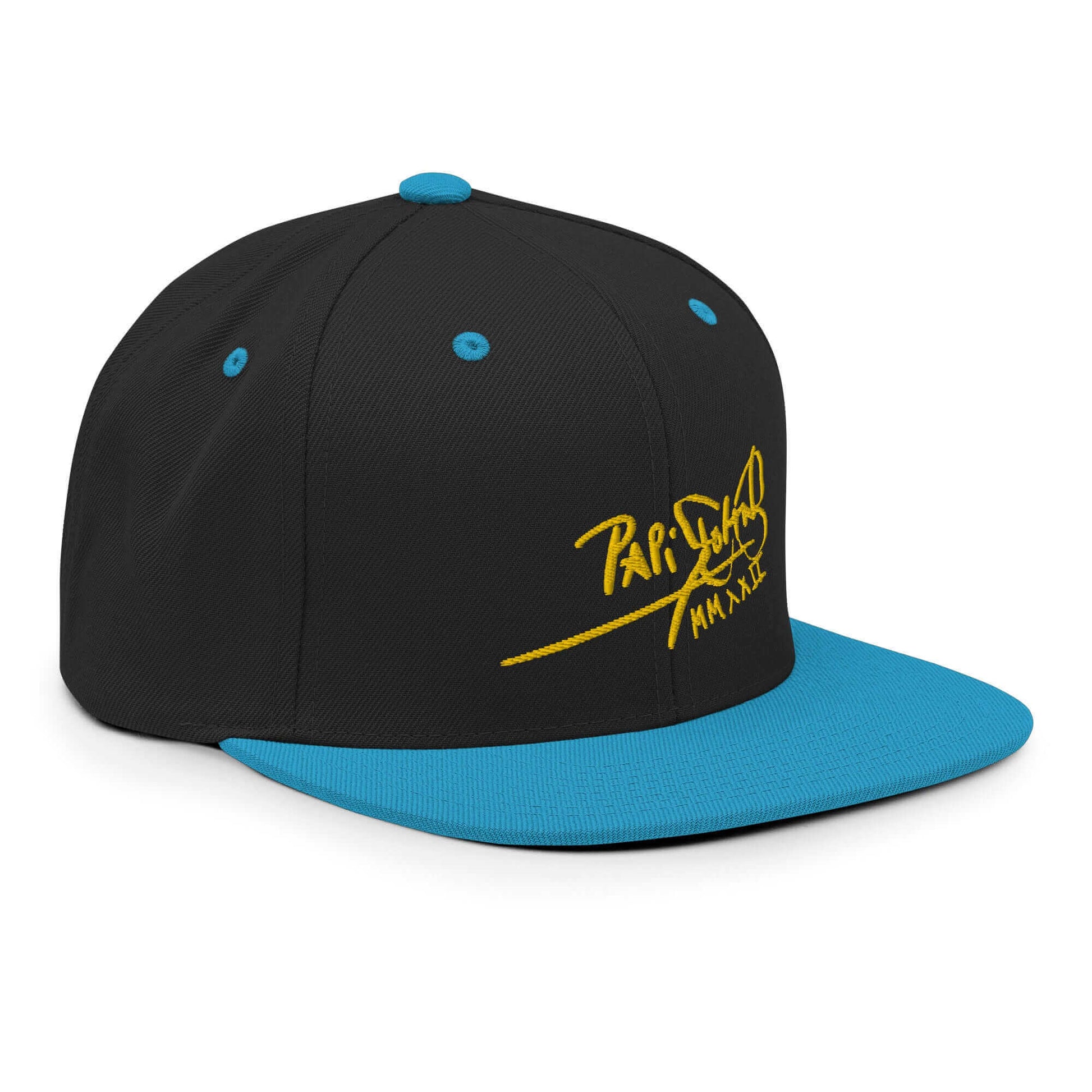 PapiJohn® The Gold Signature Classic Snapback in black and teal right profile framing the high crown height and custom teal flat visor outline | Streetwear d'Auteur