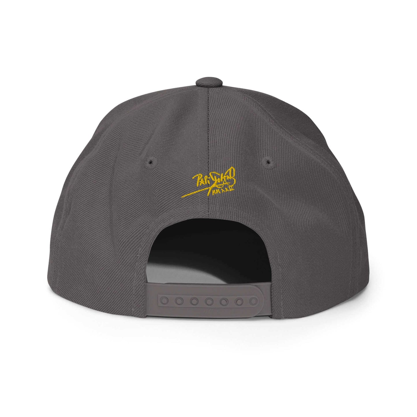 PapiJohn® The Gold Signature Classic Snapback in dark grey back view detailing the high-profile seam connections and multi-position adjustment buckle | Artist-Led Streetwear