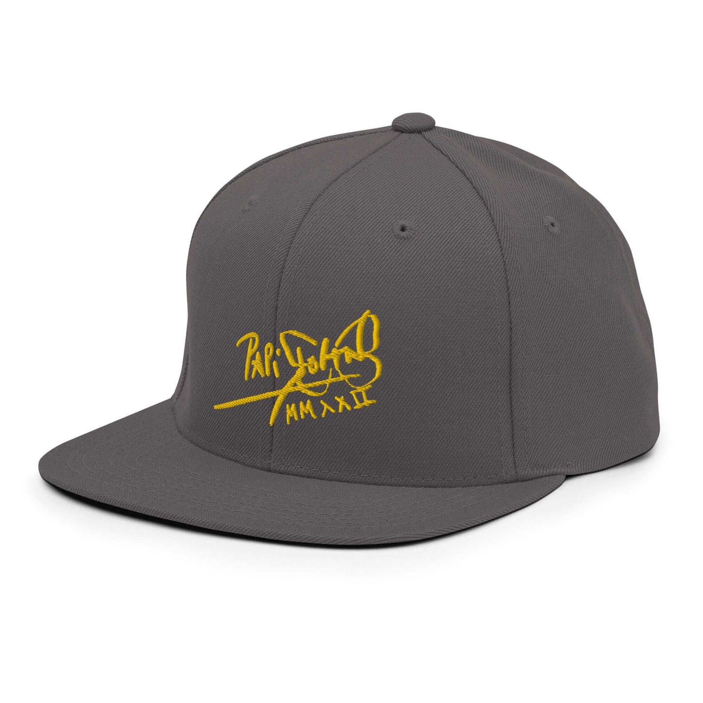 PapiJohn® The Gold Signature Classic Snapback in dark grey close-up side view capturing individual fabric grain lines by $arah Free 💎 | High-Tier Archive