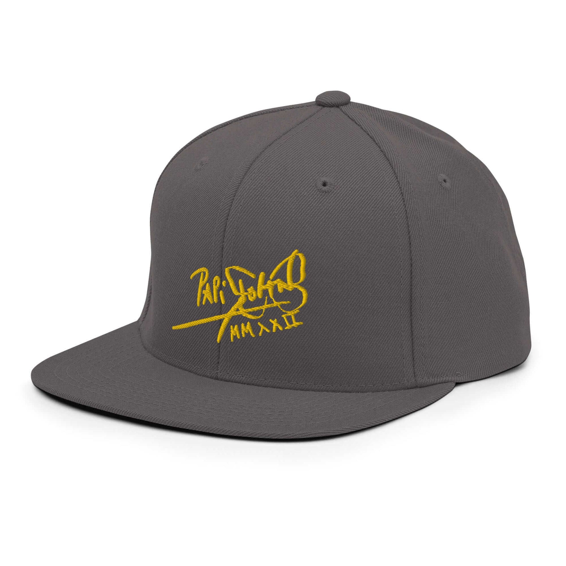 PapiJohn® The Gold Signature Classic Snapback in dark grey close-up side view capturing individual fabric grain lines by $arah Free 💎 | High-Tier Archive