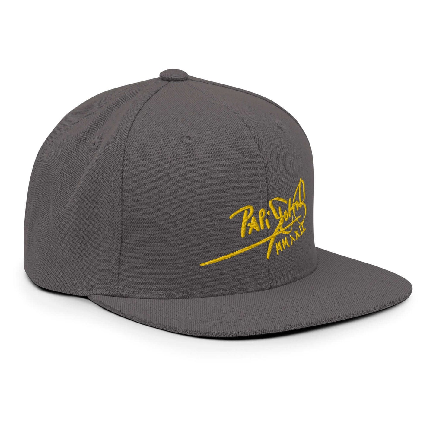 PapiJohn® The Gold Signature Classic Snapback in dark grey right side profile highlighting the rigid crown build and flat visor line | Streetwear d'Auteur