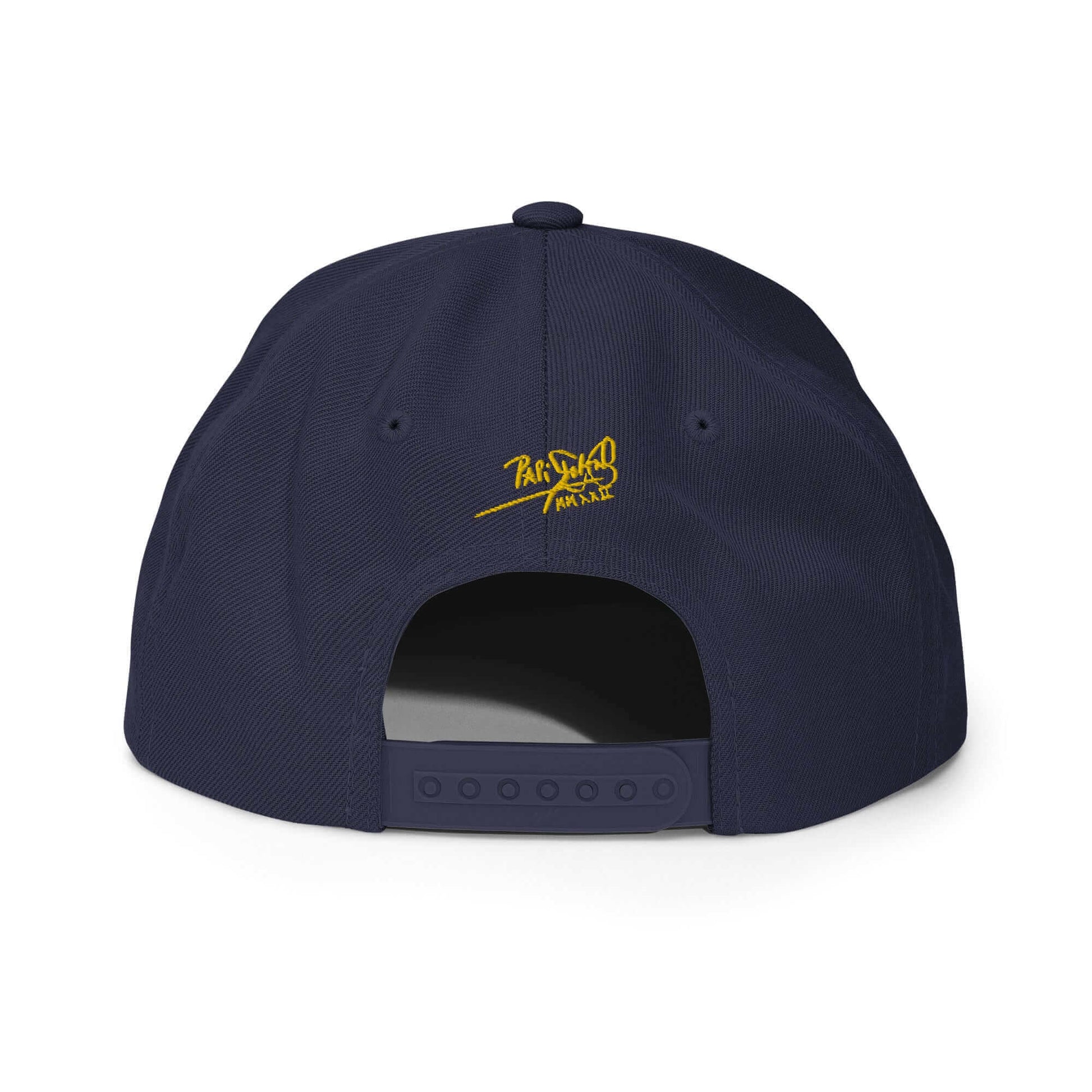 PapiJohn® The Gold Signature Classic Snapback in dark navy back layout tracking the premium high-profile multi-panel seams and adjustable sizing strap | Artist-Led Streetwear