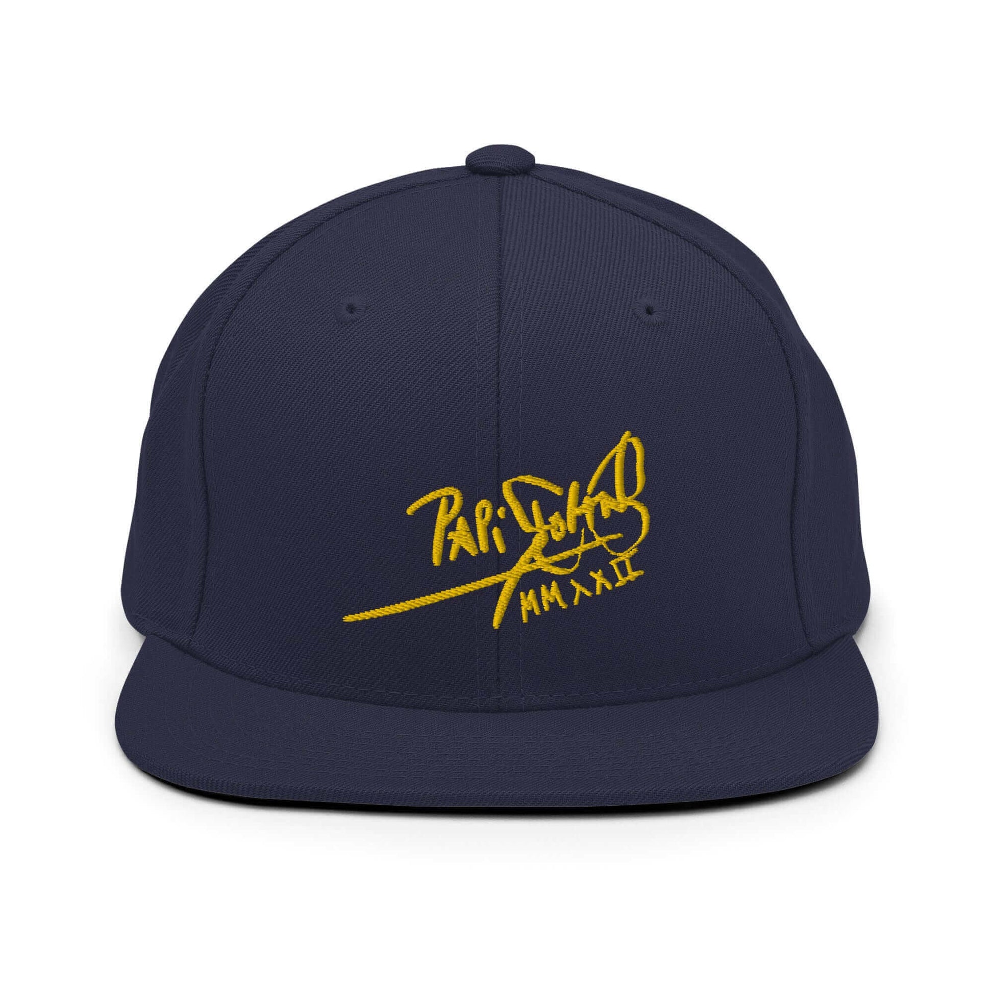 PapiJohn® The Gold Signature Classic Snapback in dark navy front view highlighting the metallic gold calligraphic text embroidered in dense high-density relief | Sala 1 Wearable Art Fashion
