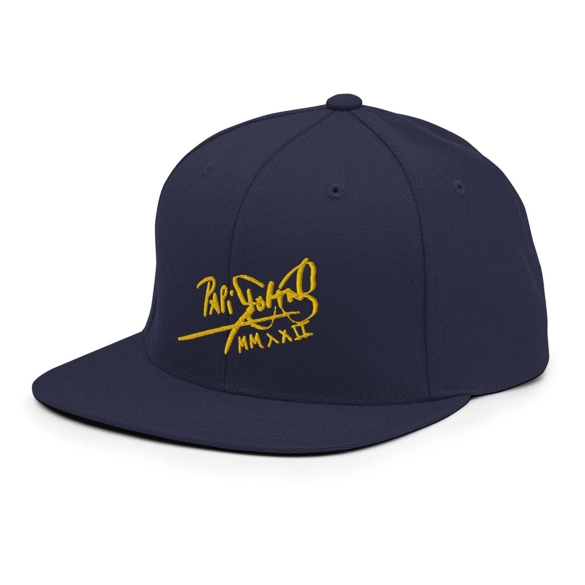 PapiJohn® The Gold Signature Classic Snapback in dark navy left profile showcasing the flawless canvas weave and tailored crown tension by $arah Free 💎 | High-Tier Archive