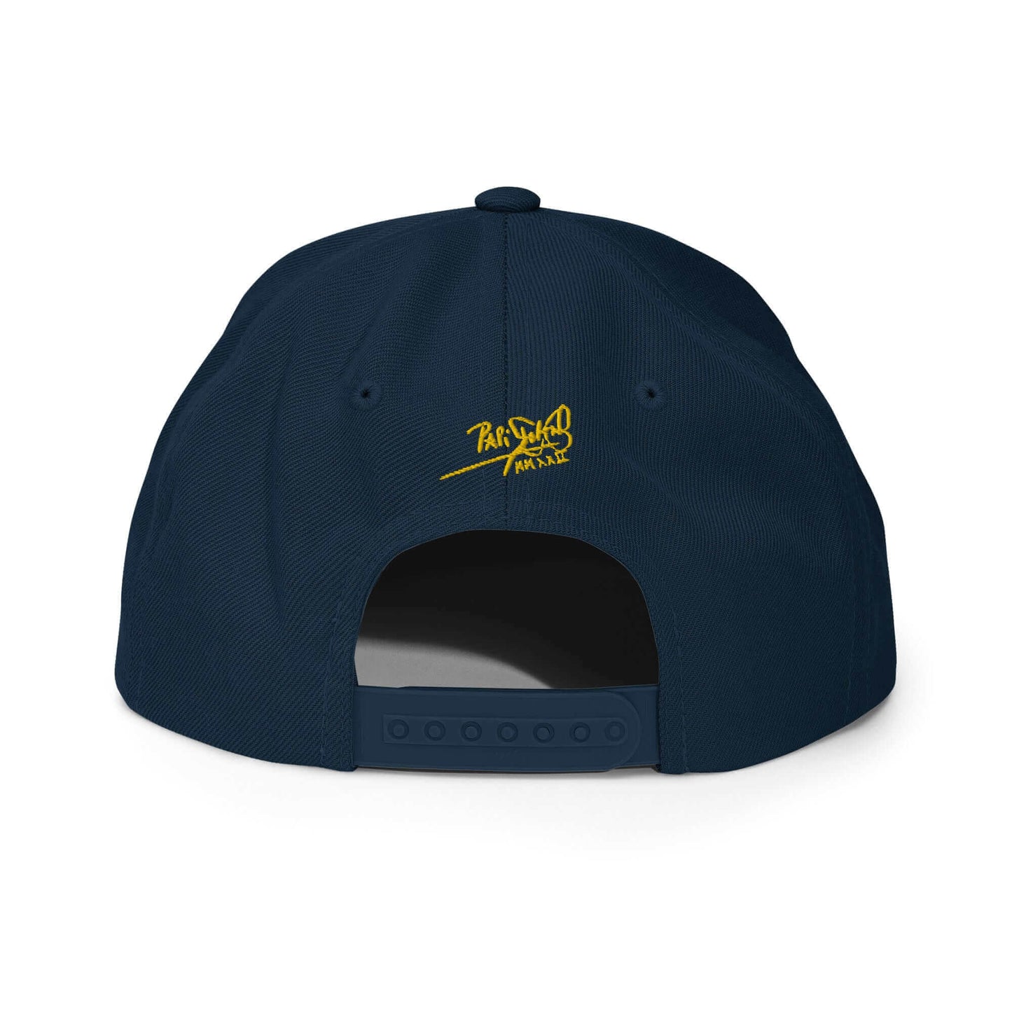 PapiJohn® The Gold Signature Classic Snapback in deep navy back view tracing the perfect multi-panel alignment and classic snap sizing component | Artist-Led Streetwear