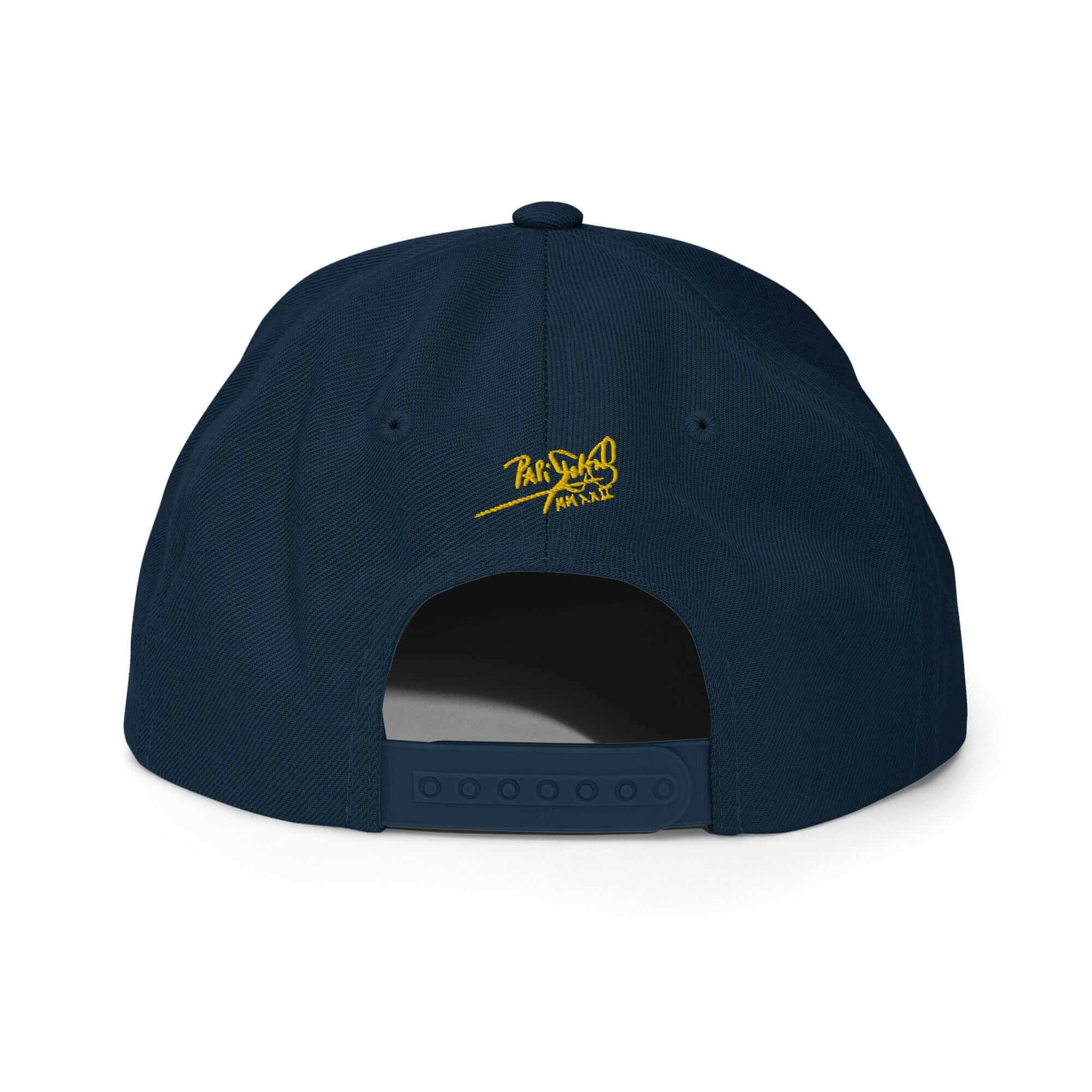 PapiJohn® The Gold Signature Classic Snapback in deep navy back view tracing the perfect multi-panel alignment and classic snap sizing component | Artist-Led Streetwear