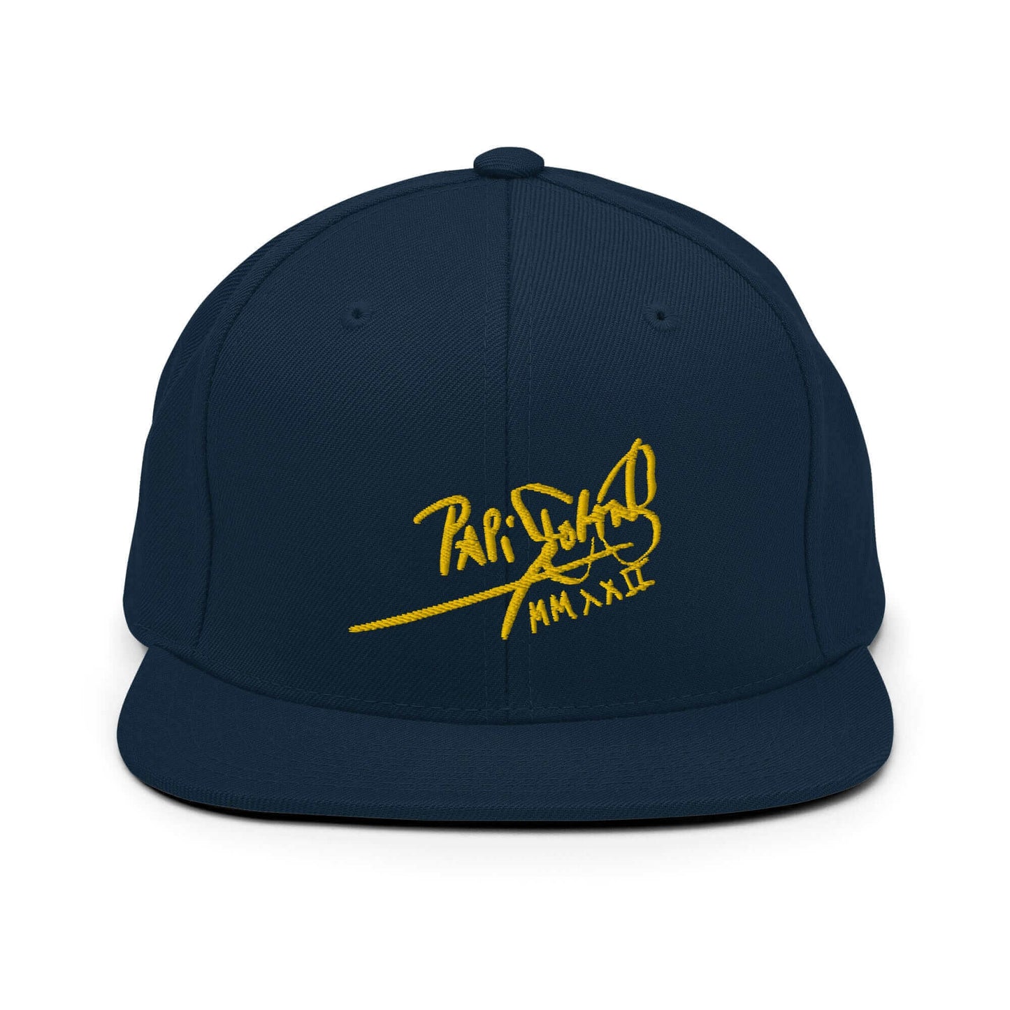 PapiJohn® The Gold Signature Classic Snapback in deep navy front view accentuating the striking contrast of the gold high-relief embroidered text artwork | Sala 1 Wearable Art Fashion