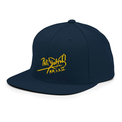 PapiJohn® The Gold Signature Classic Snapback in deep navy left profile showcasing individual fabric grain alignment and sewing quality by $arah Free 💎 | High-Tier Archive