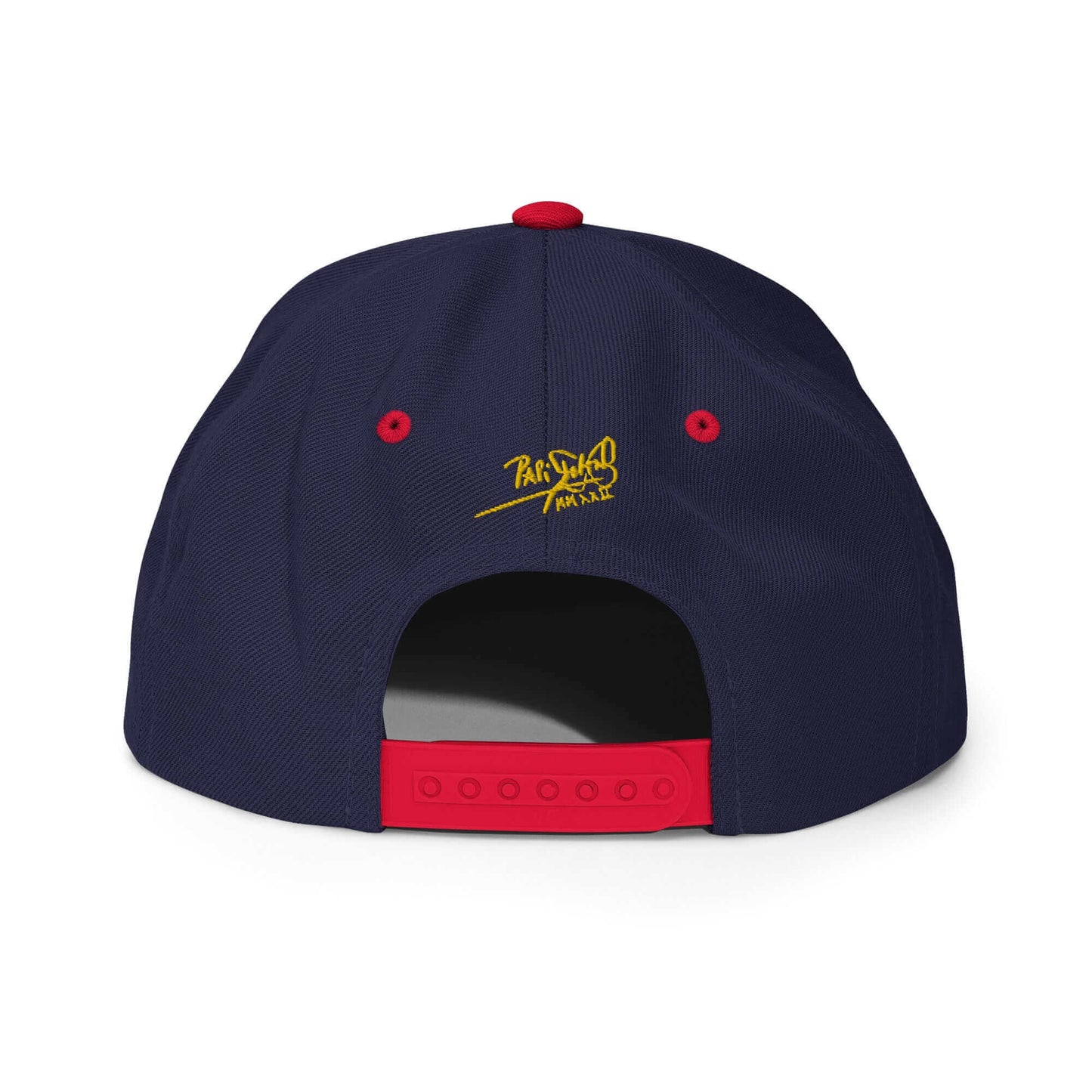 PapiJohn® The Gold Signature Classic Snapback in navy and red back view displaying the custom reinforcement stitches and red adjustable closure | Artist-Led Streetwear