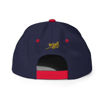 PapiJohn® The Gold Signature Classic Snapback in navy and red back view displaying the custom reinforcement stitches and red adjustable closure | Artist-Led Streetwear