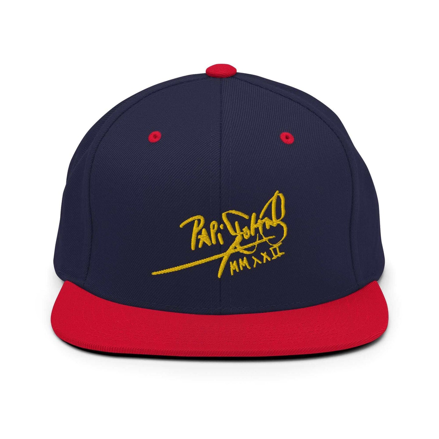PapiJohn® The Gold Signature Classic Snapback in navy and red contrast front layout presenting the volumetric gold thread signature with absolute clarity | Sala 1 Wearable Art Fashion