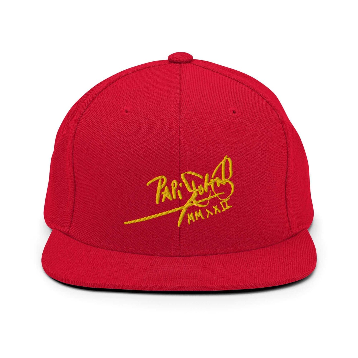 PapiJohn® The Gold Signature Classic Snapback in vibrant red front view focusing on the clean definitions of the gold tridimensional embroidered branding | Sala 1 Wearable Art Fashion