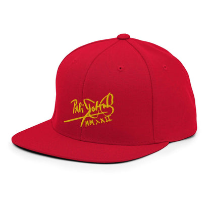 PapiJohn® The Gold Signature Classic Snapback in vibrant red macro side view capturing individual soft canvas weave lines designed by $arah Free 💎 | High-Tier Archive
