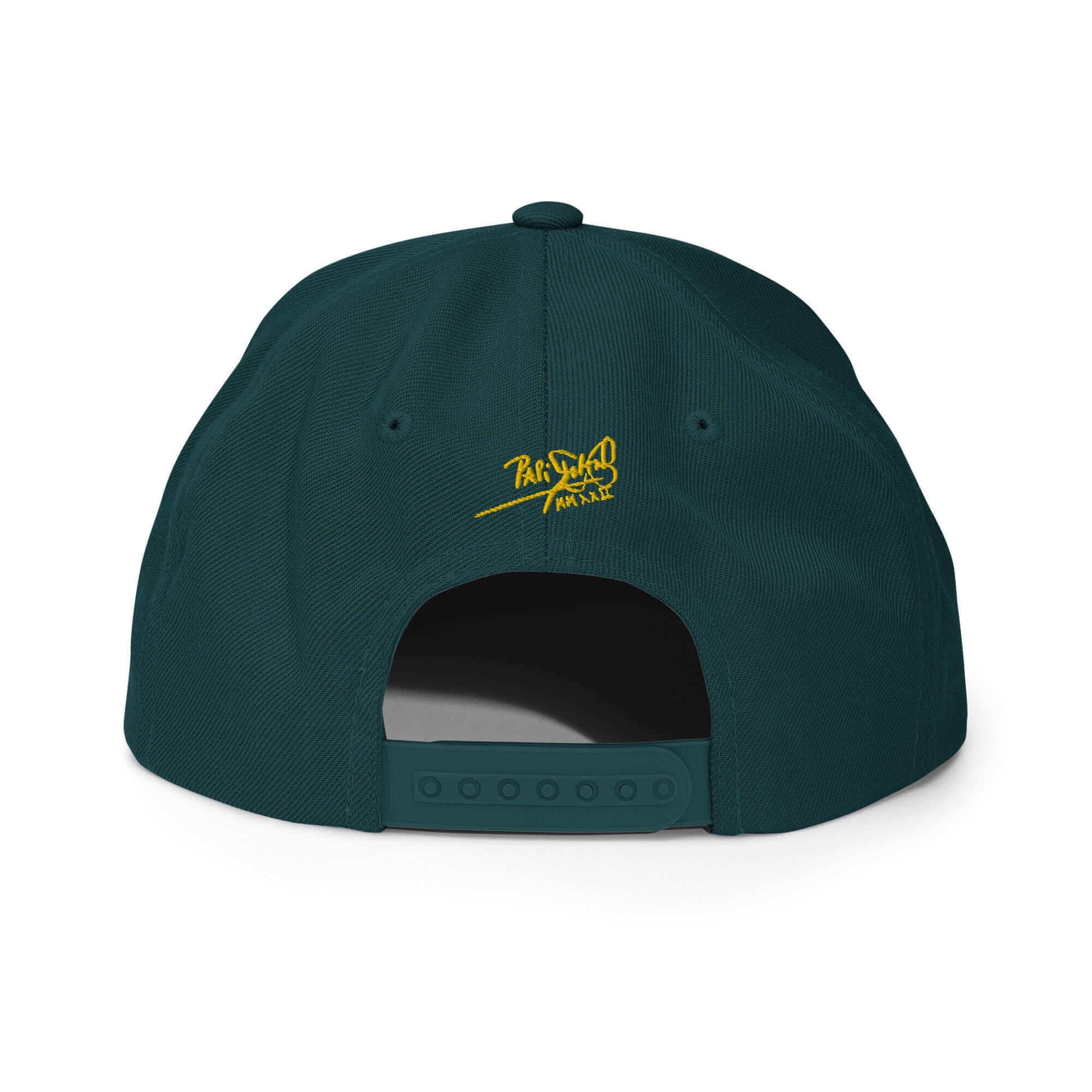 PapiJohn® The Gold Signature Classic Snapback in dark spruce green back perspective tracking the perfect panel assembly and custom retro snapback lock | Artist-Led Streetwear